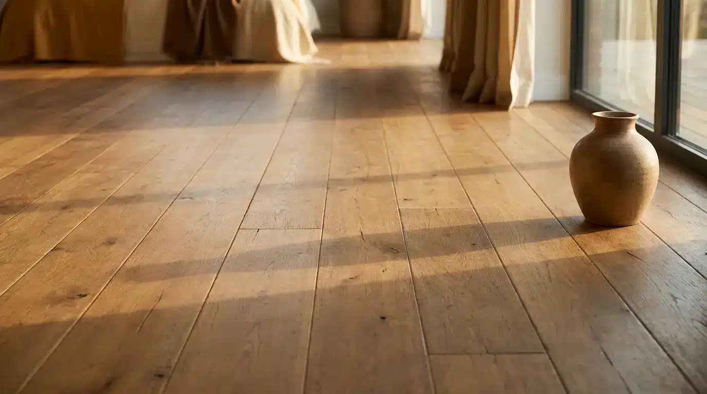Brown ceramic vase on sunlit wooden floor in a cozy room with curtains