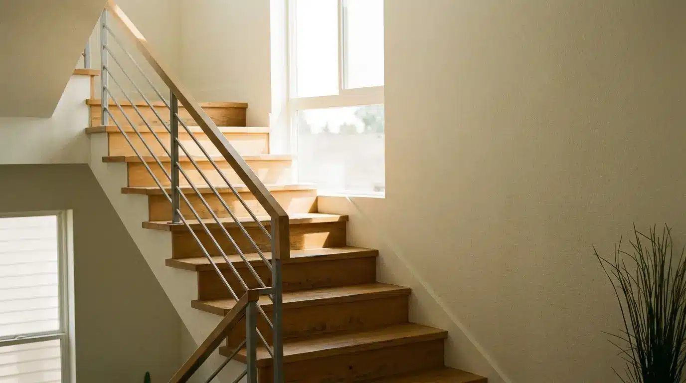 Wooden staircase with metal railing illuminated by natural light from large window