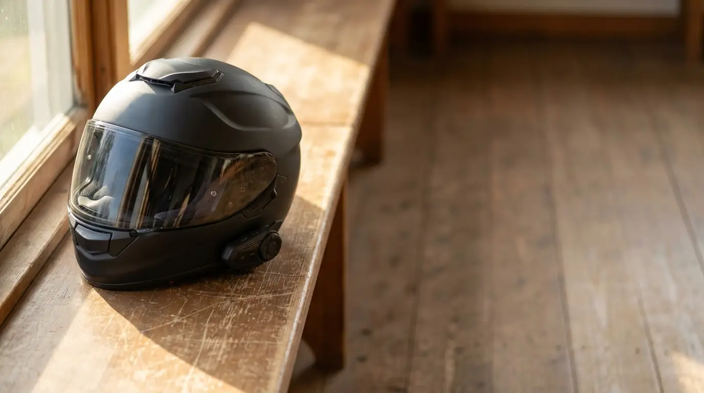 Black motorcycle helmet on wooden bench by sunlit window in rustic room