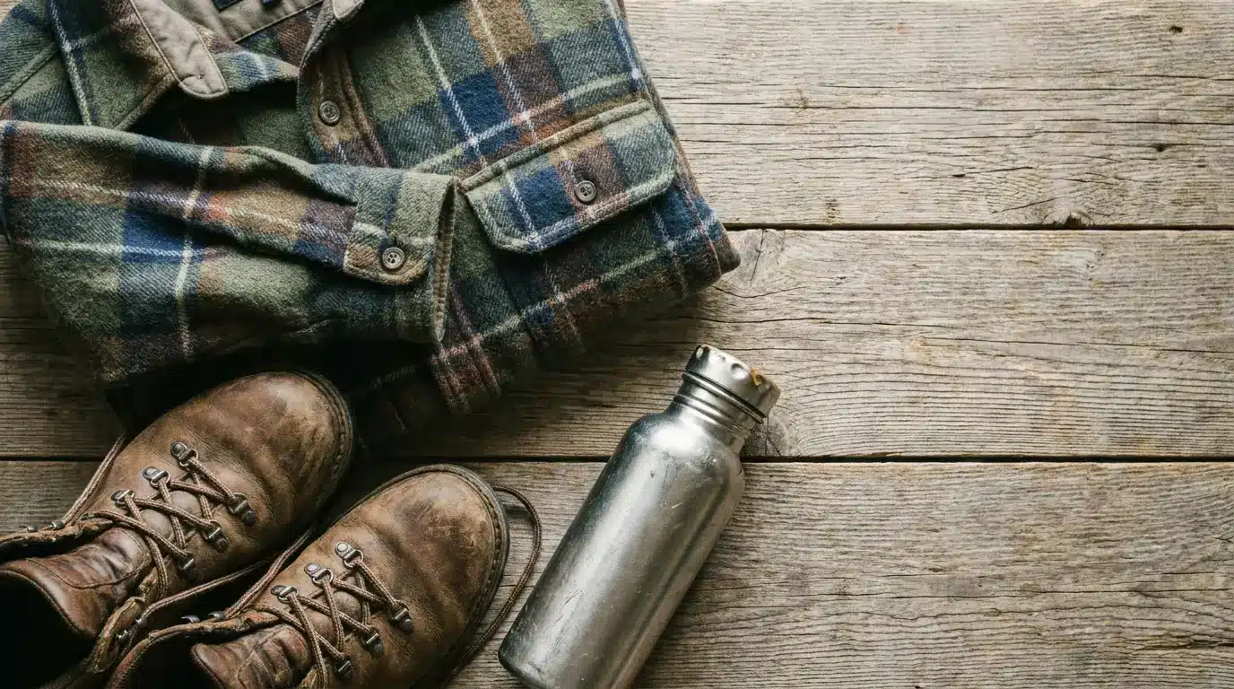 Plaid shirt, hiking boots, and metal flask on rustic wooden surface