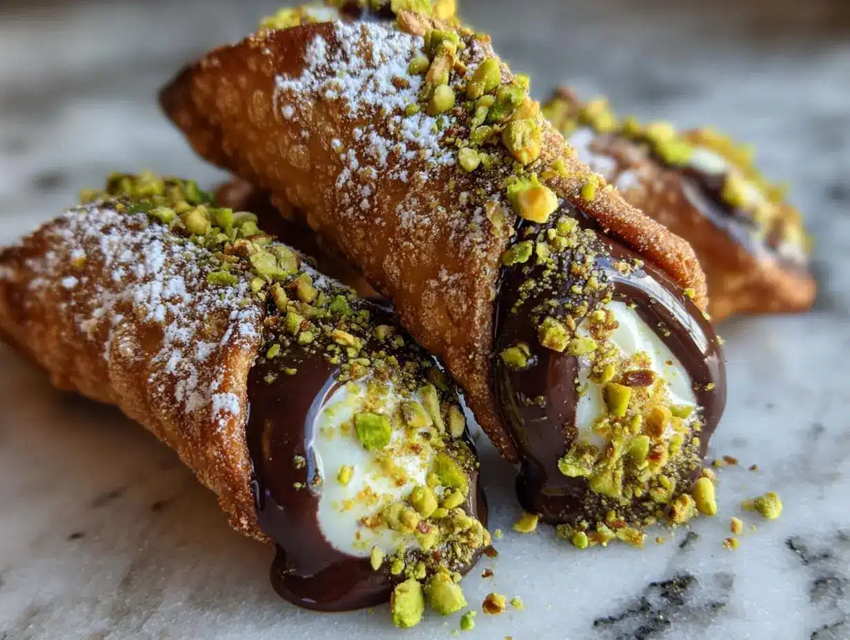 Cannoli filled with cream and topped with chocolate and pistachios on marble countertop