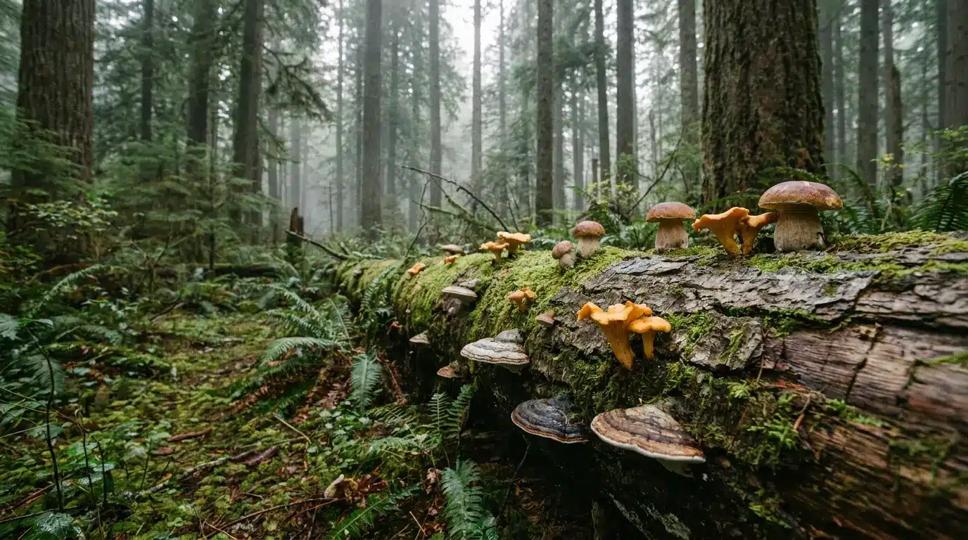 Mushrooms growing on moss-covered log in dense foggy forest