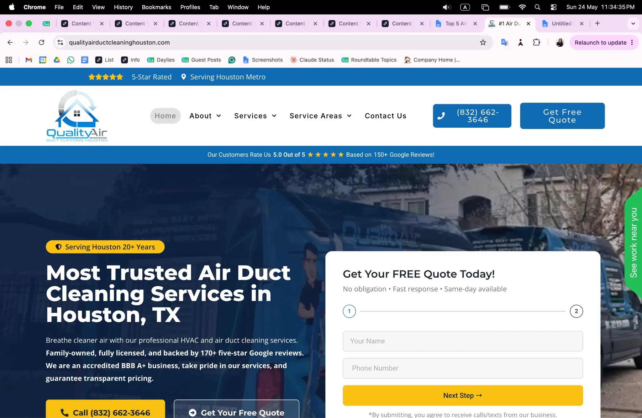 Quality Air website homepage with blue header, service information, and contact form on the side