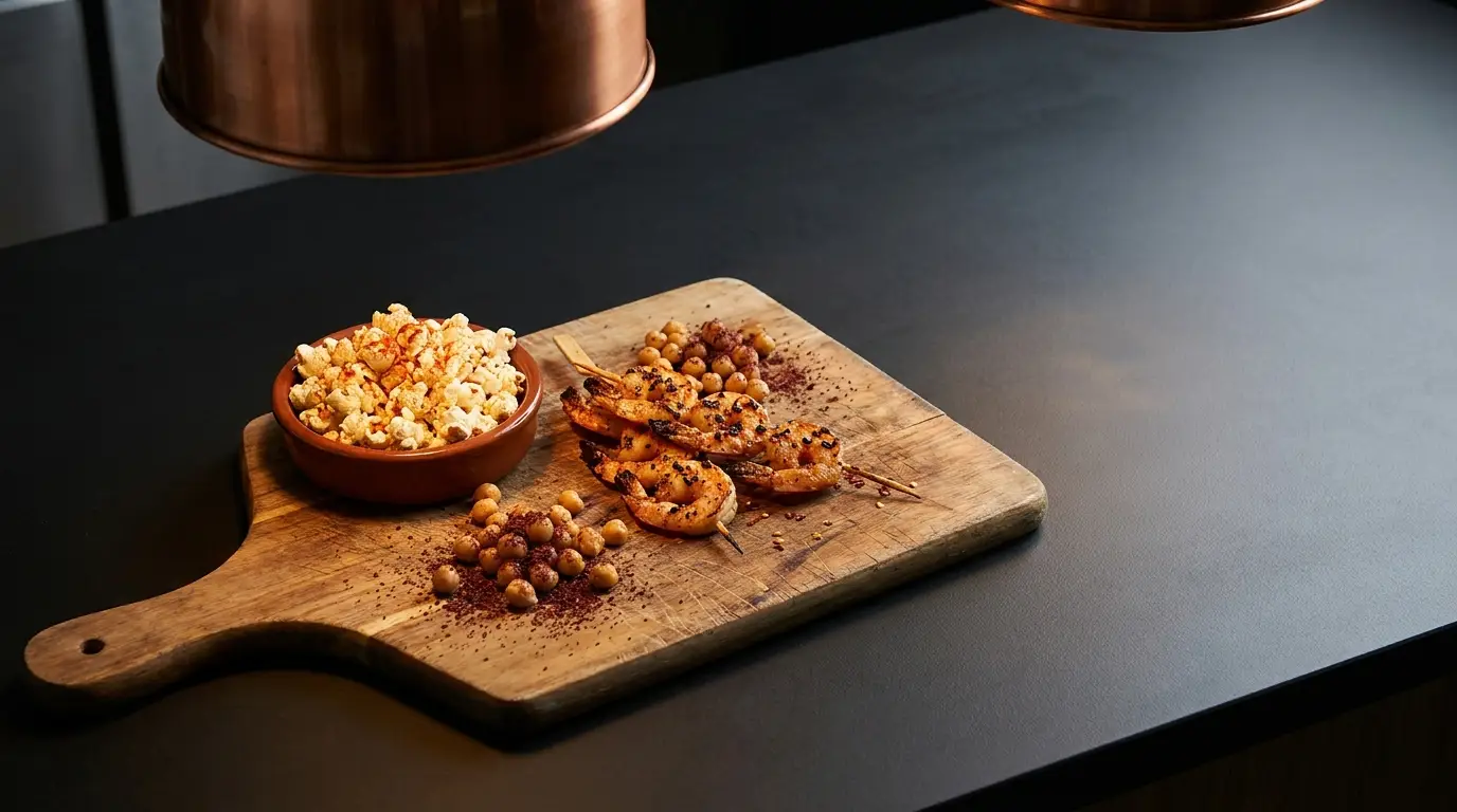 Grilled shrimp skewers and popcorn on wooden board under warm lighting in kitchen setting