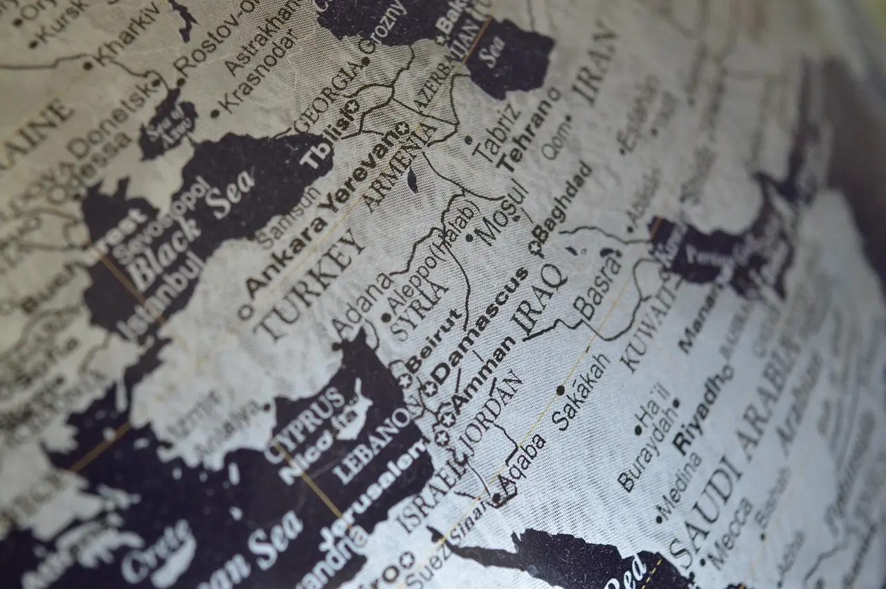 Close-up of a detailed world map focusing on the Middle East region