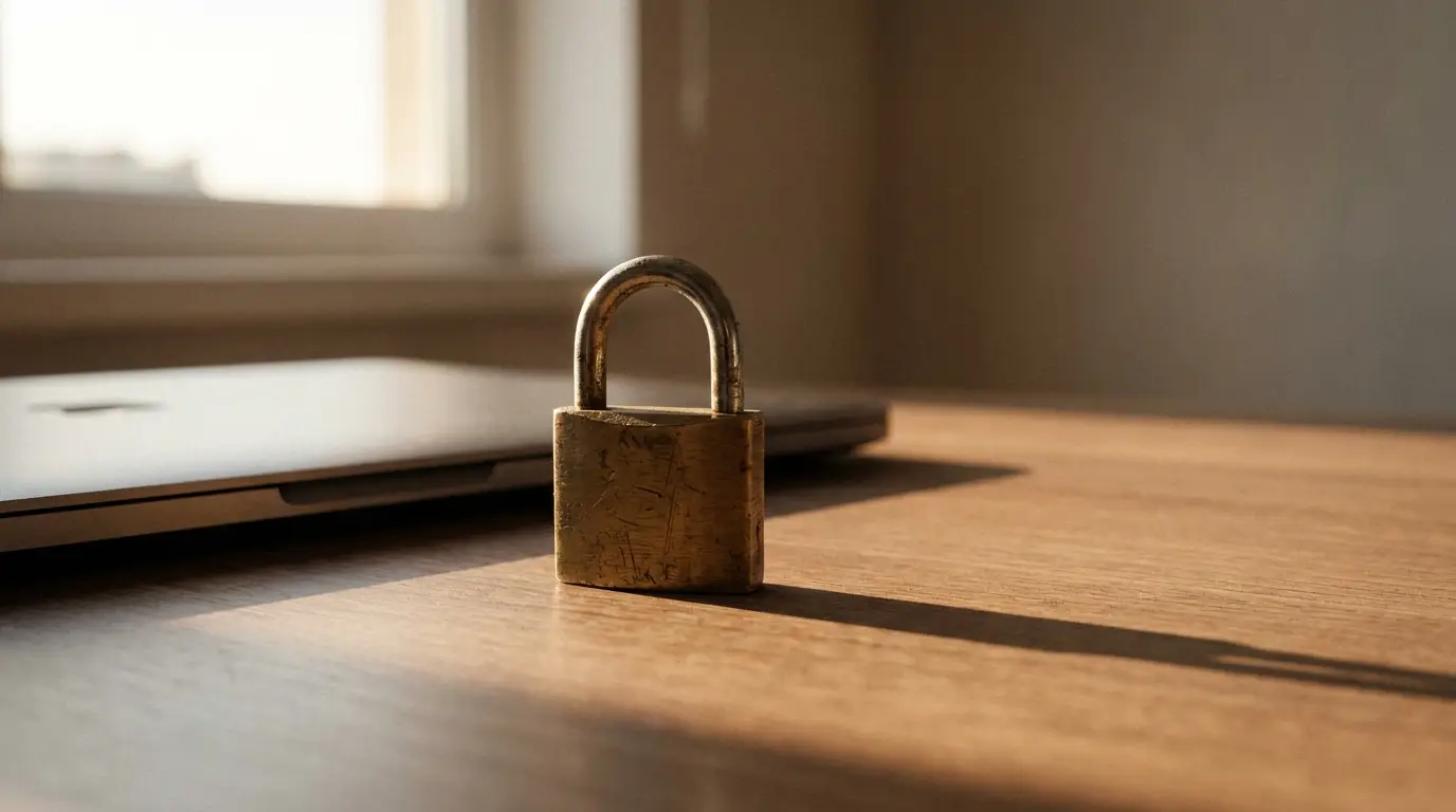 Gold padlock standing on wooden desk next to closed laptop in sunlit room