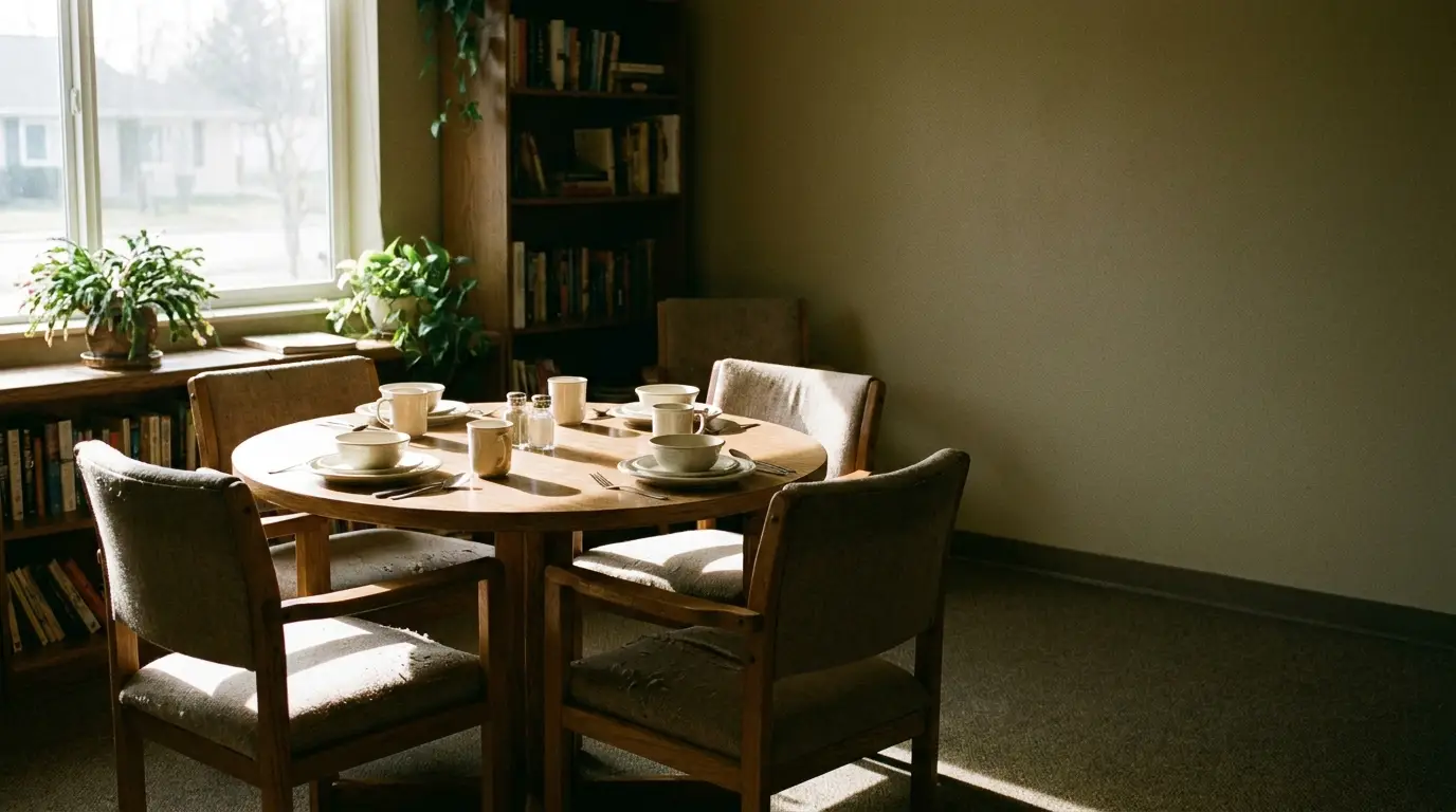 Cozy dining room with round wooden table set for tea near bookshelves and window plants