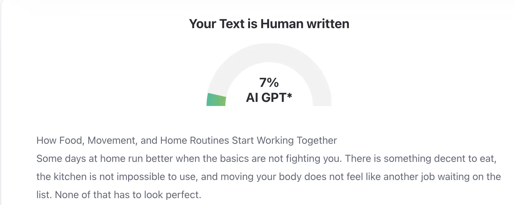A gauge displaying 7% AI GPT text detection with text about food and home routines