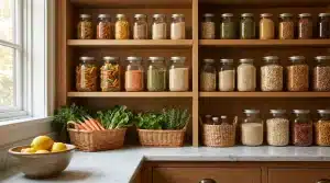 Pantry shelves with jars of pasta and grains, baskets of fresh vegetables on marble countertop