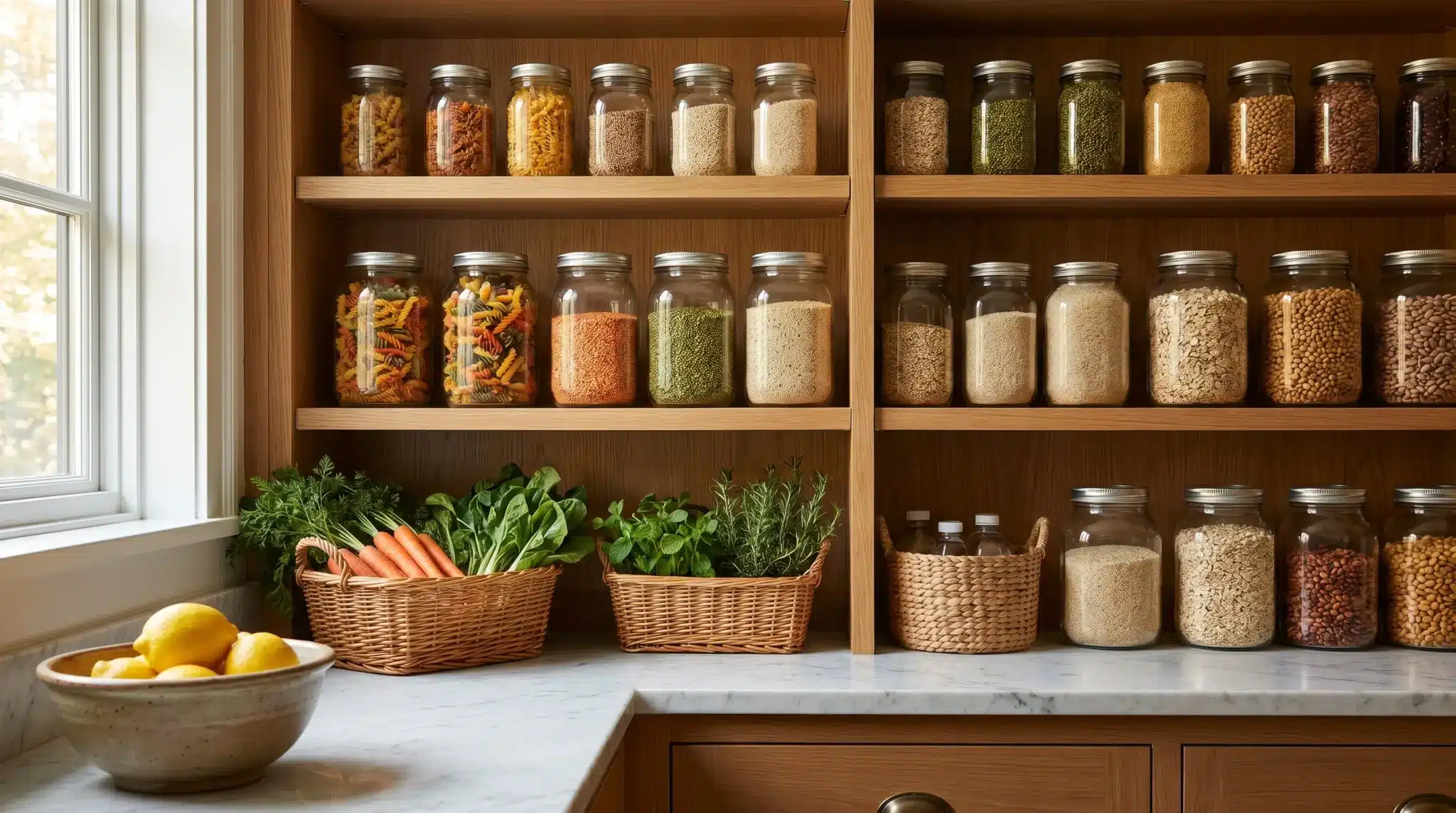 Pantry shelves with jars of pasta and grains, baskets of fresh vegetables on marble countertop