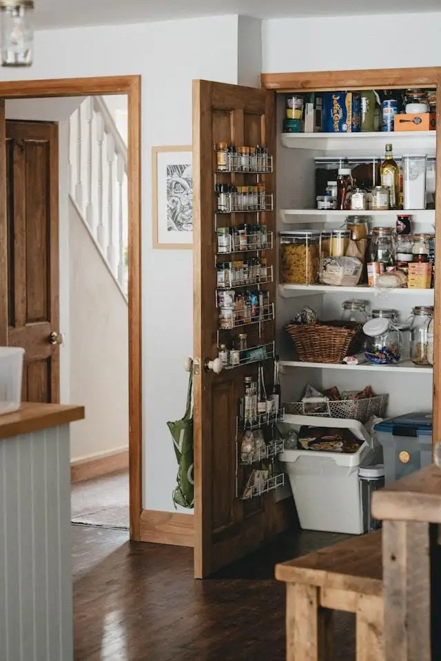 Open kitchen pantry with wooden shelves and door-mounted spice rack filled with various ingredients