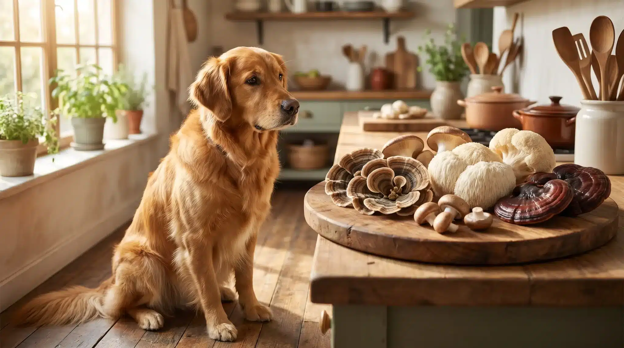 Golden retriever sitting by cutting board with assorted mushrooms in sunlit kitchen