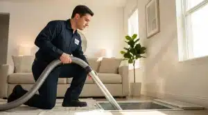 Technician vacuuming air duct in bright, modern living room with beige sofa and indoor plant