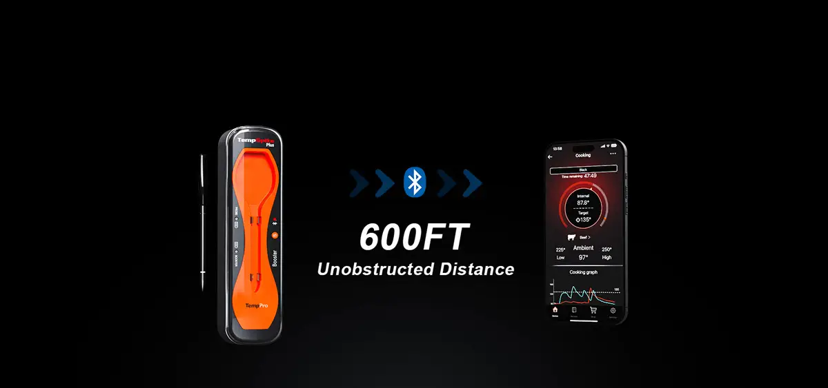Digital thermometer and smartphone app displaying cooking data on black background