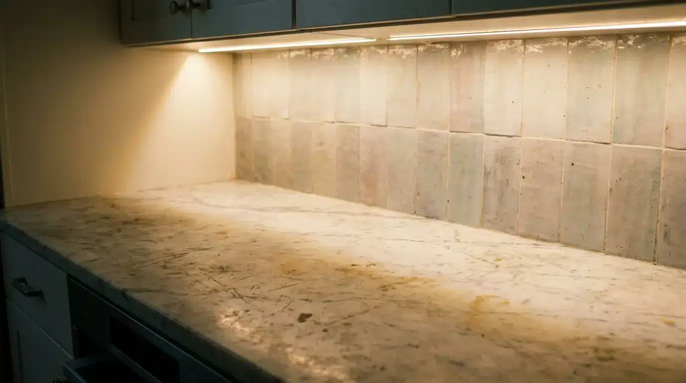 Marble countertop with tiled backsplash under warm overhead lighting in modern kitchen