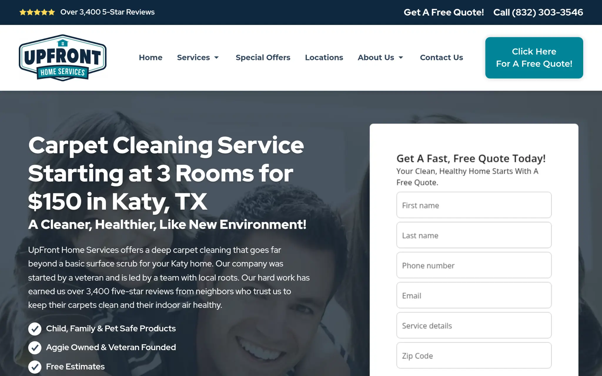 Website homepage featuring carpet cleaning service promotion and contact form on the right side