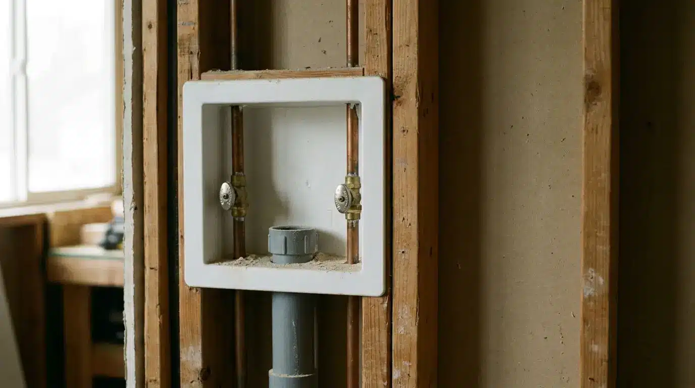 Plumbing system installation with exposed copper pipes and fittings in unfinished wall frame