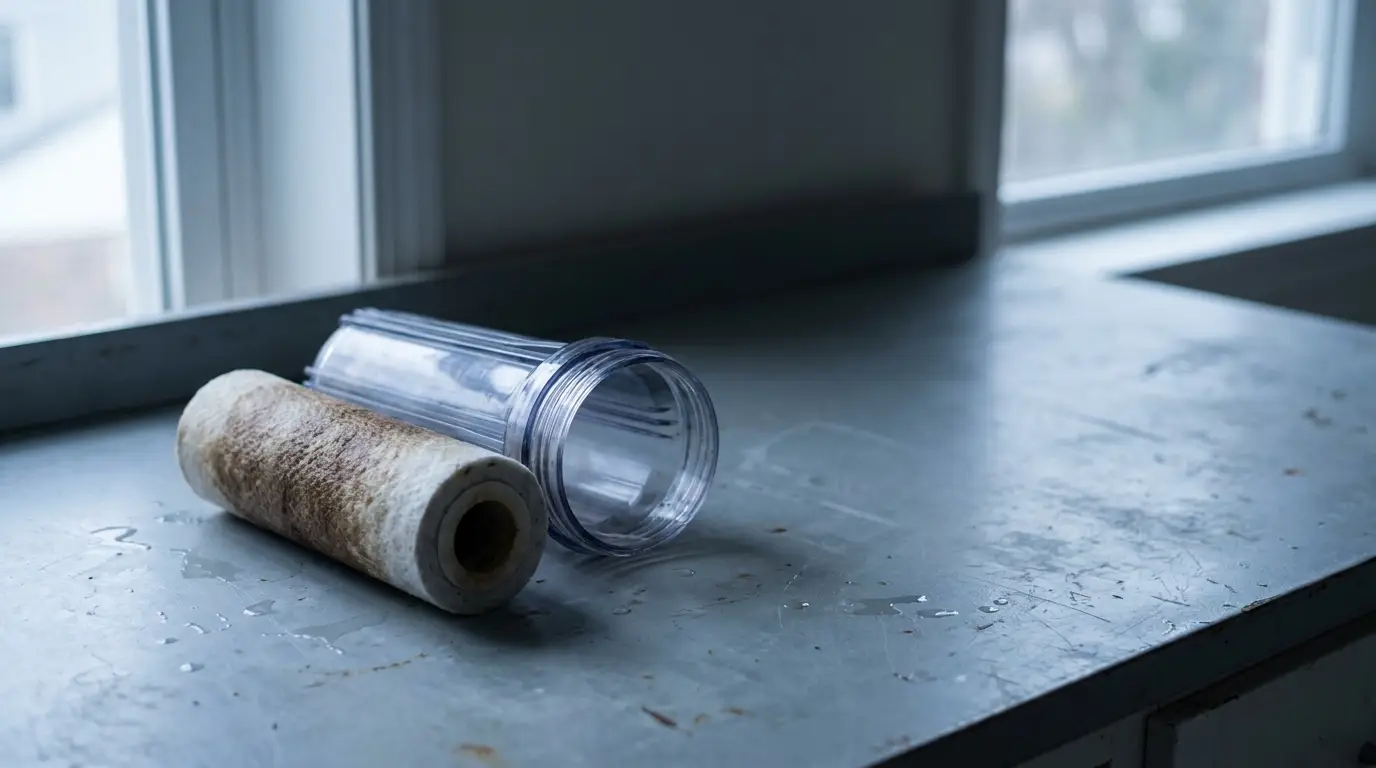 Dirty water filter cartridge and clear casing on metal surface near window