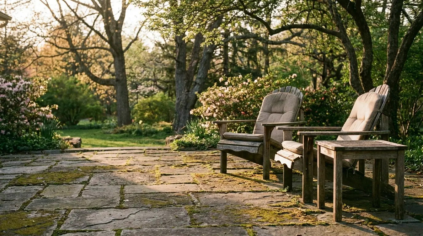 Wooden chairs and small table on stone patio in lush garden under soft evening light