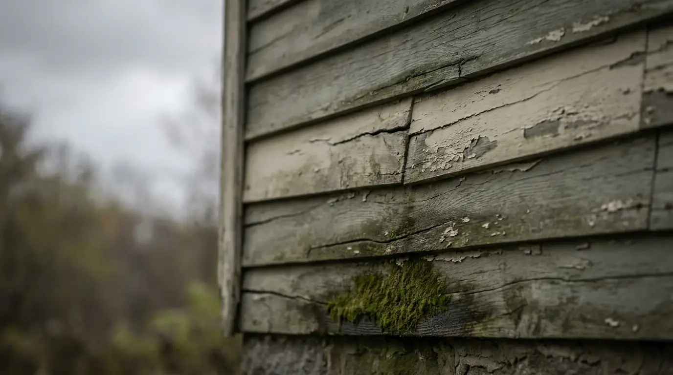 Weathered wooden siding with peeling paint and moss growth on an overcast day