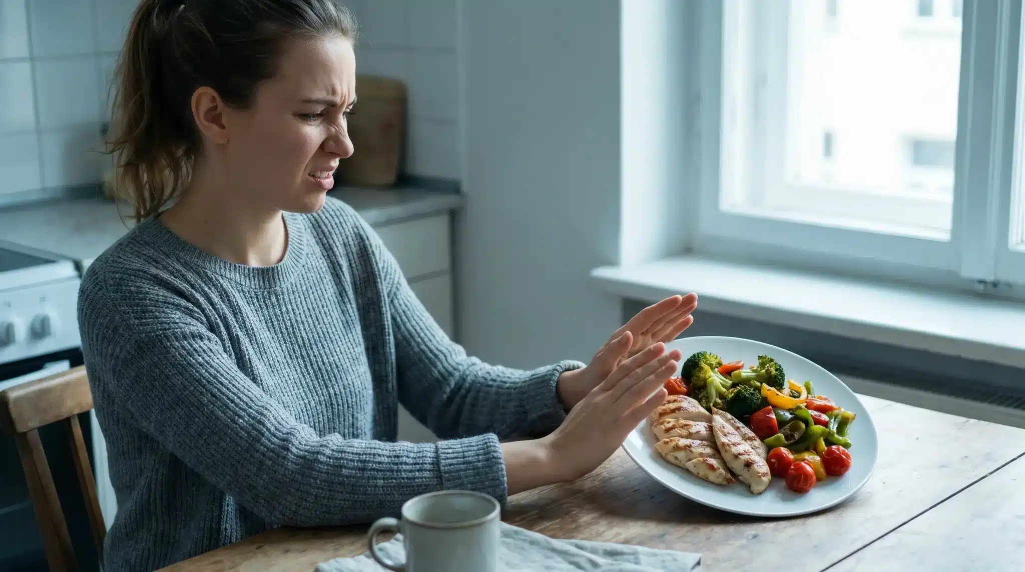 Woman rejecting plate of grilled chicken and vegetables in bright kitchen setting