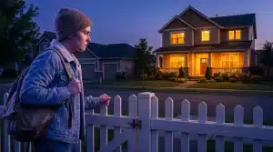 Person in denim jacket with backpack standing by white picket fence at dusk