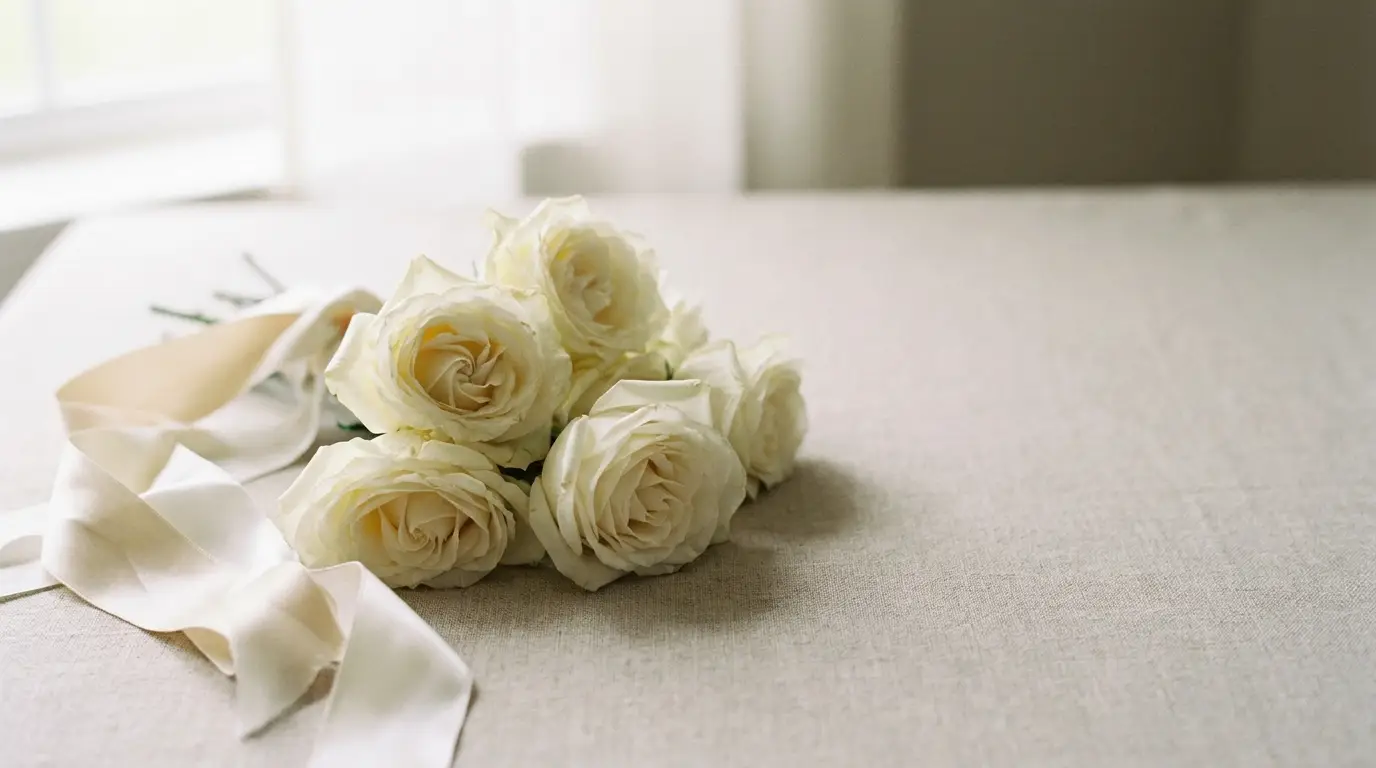 Bouquet of white roses with cream ribbon on linen tablecloth in softly lit room