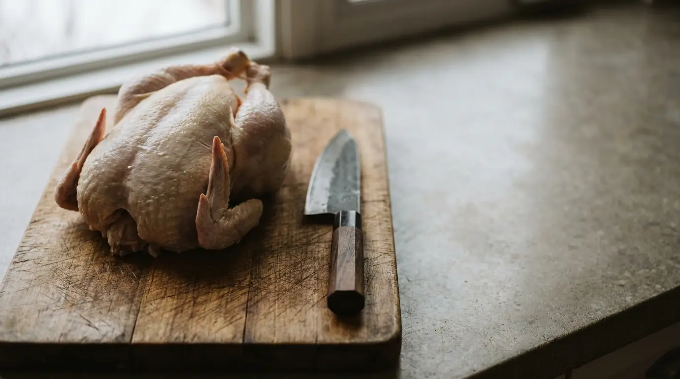 Whole raw chicken with chef's knife on wooden cutting board in natural light kitchen setting