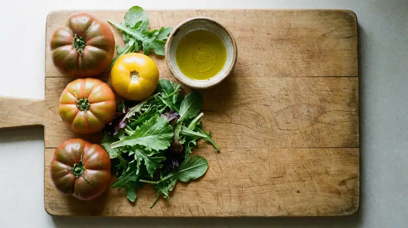 Tomatoes, mixed greens, and olive oil on wooden cutting board in natural light