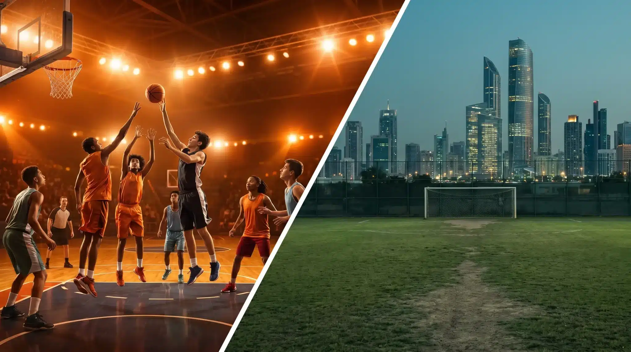 Basketball players in action on court with bright lights; empty soccer field under city skyline