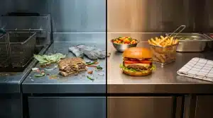Messy kitchen counter with half-eaten burger versus clean counter with fresh burger and fries