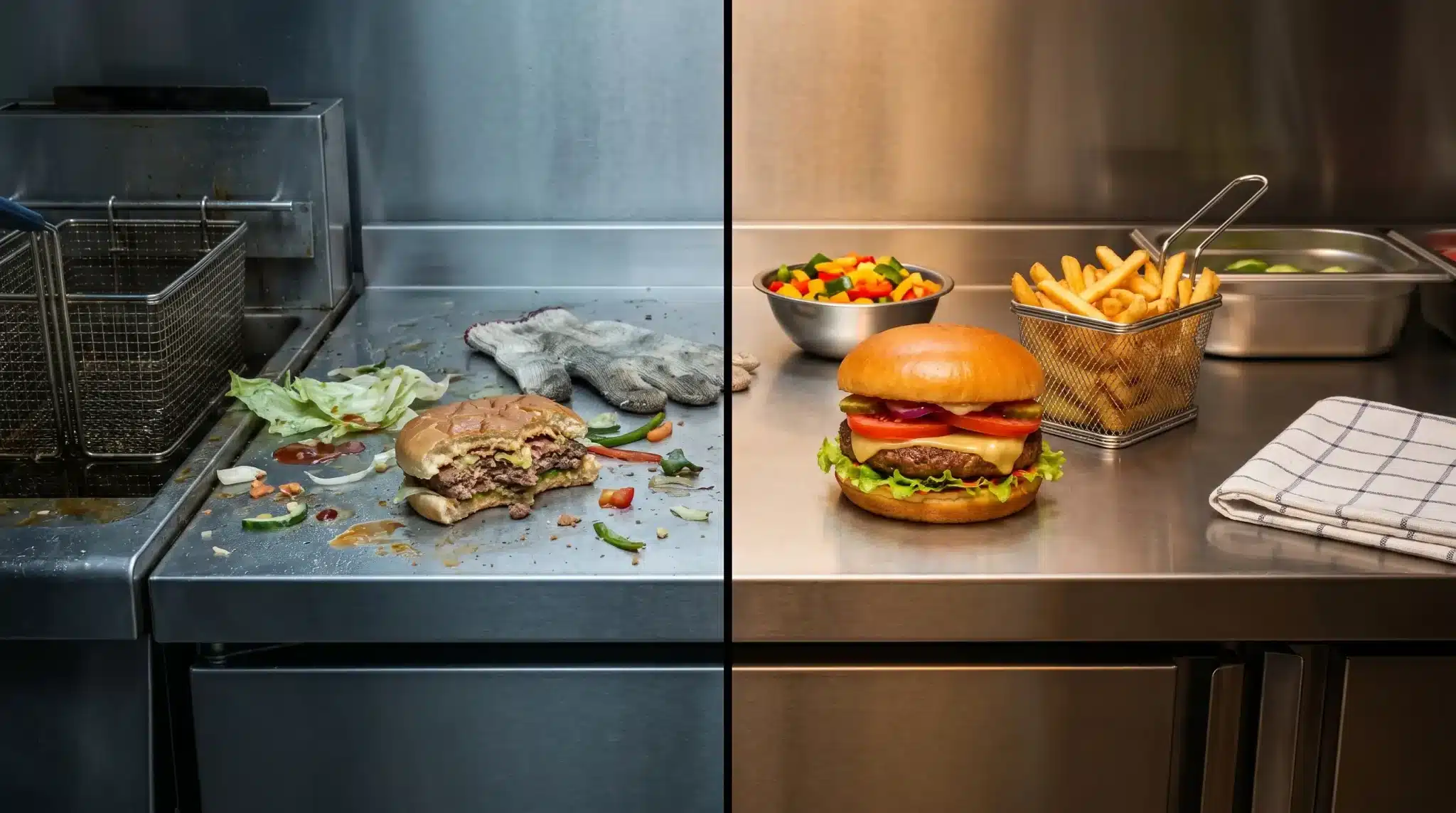Messy kitchen counter with half-eaten burger versus clean counter with fresh burger and fries