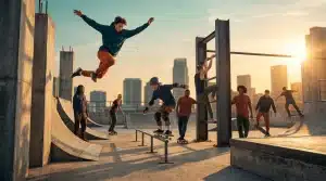 Group of skateboarders and freerunners at an urban rooftop skate park at sunset