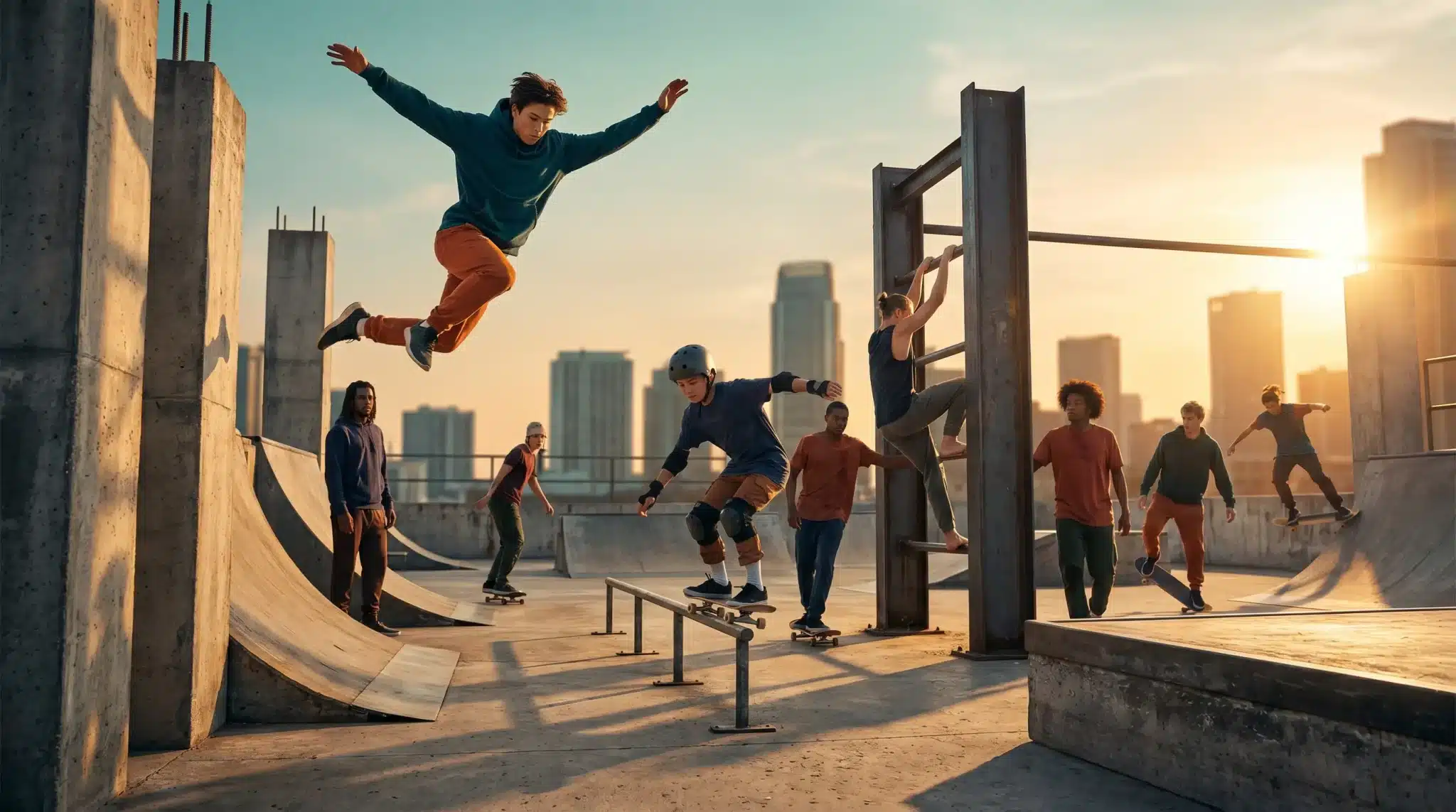 Group of skateboarders and freerunners at an urban rooftop skate park at sunset