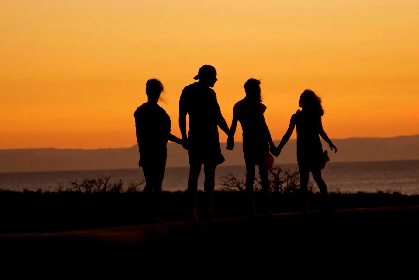 Silhouette of a family holding hands at sunset on the beach.