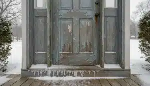 Weathered wooden door with peeling paint and icicles in snowy outdoor setting