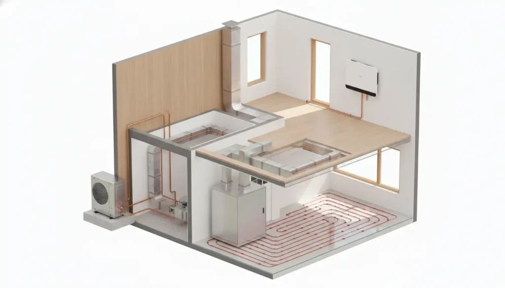 Cutaway diagram of underfloor heating system with heating pipes and equipment in modern building model