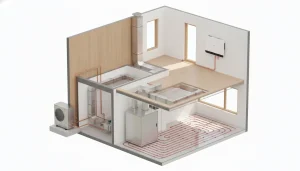 Cutaway diagram of underfloor heating system with heating pipes and equipment in modern building model