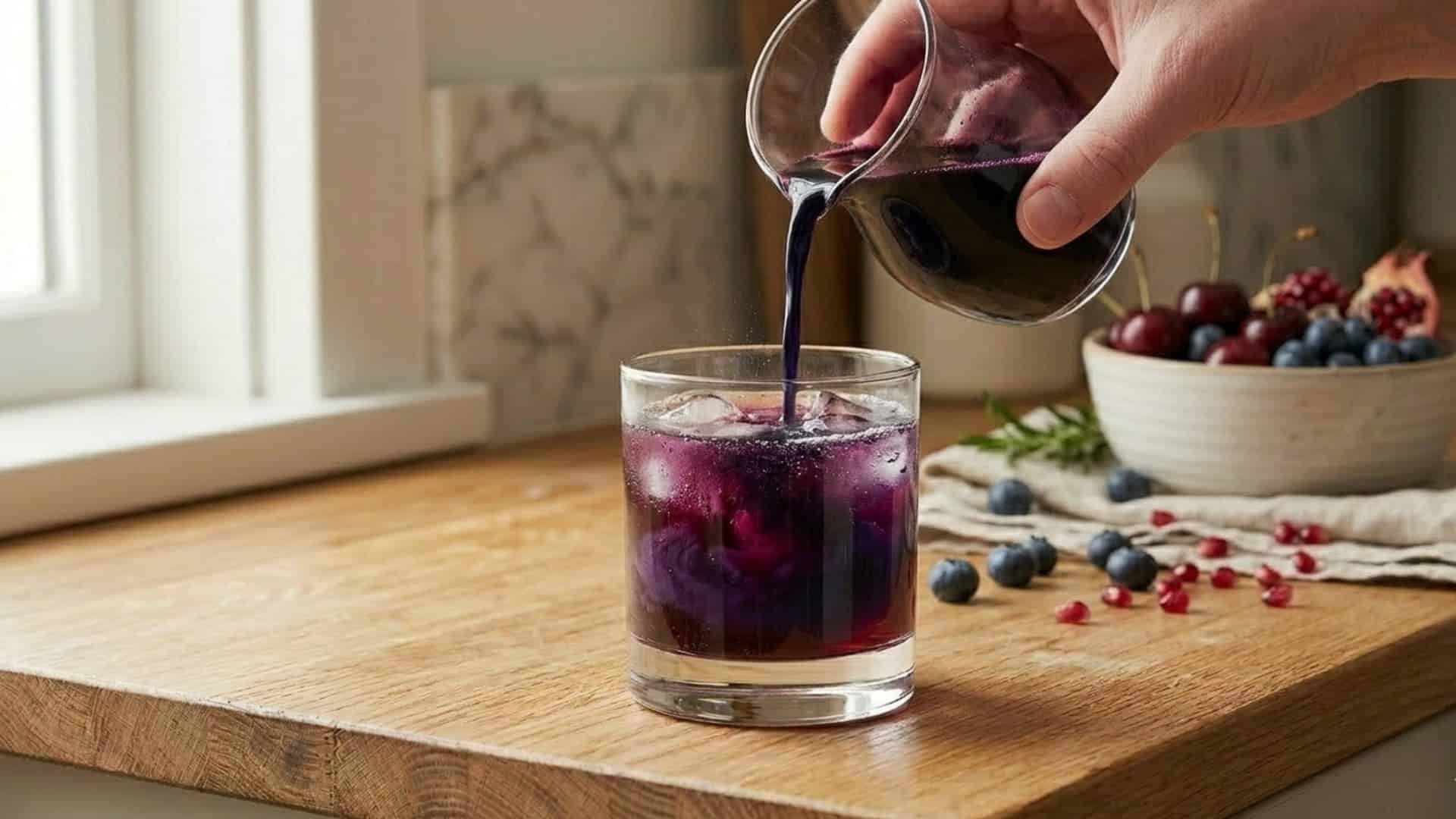 Dark liquid pours into a glass with ice and a purple layer, next to scattered blueberries on a wooden board.