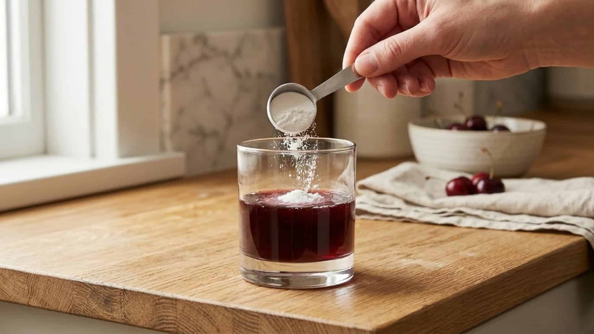 A hand pours a scoop of magnesium powder into a glass of tart cherry juice to make a Sleepy Girl Mocktail.