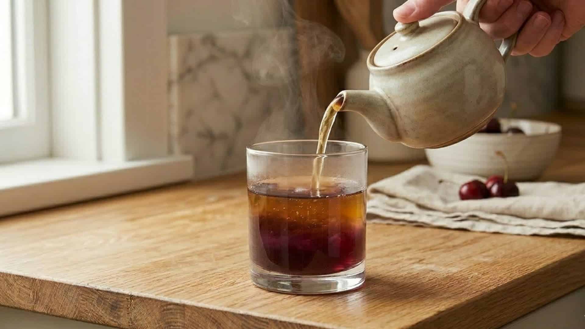 A hand pours hot tea from a ceramic teapot into a short glass containing a dark red mocktail base.