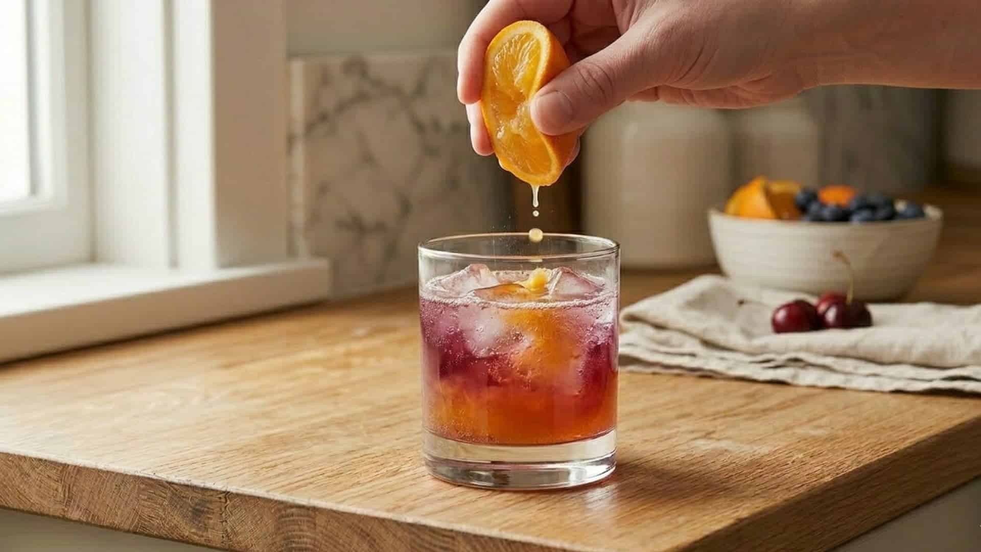The image displays a Citrus Version of a tart cherry mocktail. This vibrant drink features fresh orange juice squeezed directly into a layered mocktail containing tart cherry juice.Key Characteristics & Flavor ProfileVisual Appearance: The drink displays a dark red, crimson-layered body from the tart cherry base, brightened by freshly squeezed orange citrus highlights dripping from the top.Flavor Profile: Blends deep, sharp tartness with sweet and refreshing citrus notes to soften the strong bite of plain cherry juice.Occasion: It serves as a soothing, fruit-forward, and bedtime-friendly mocktail variation.Suggested Presentation & AlternativesIf you are planning to serve or make similar layered citrus and dark fruit beverages, consider exploring these complementary glass styles and recipe variations:₹145Flipkartokechuku ok wine Glasses for Whisky, Bourbon Scokch Liquor ...Amazon.inPasabahce Iconic Whisky/Juice/Water Glass Tumbler 280 ml 6 ...InstagramPomegranate Spiced Wine Cocktail Recipe 🌺🍷✨ This low ...InstagramCrafting our Brooklyn Sour cocktail from start to finish.YouTubeHow I Make an Old Fashioned | the ONE cocktail you must know ...The KitchnNew York Sour Recipe | The KitchnLivcheersDuckhorn Cabernet Sauvignon 750ML Price in India | Review ...InstagramClassic Negroni Recipe: 1 ounce each of gin, Campari, and ...₹229Amazon.inA D Food & Herbs Dried Orange Slices for Garnishers ...InstagramI AM BACK OPEN TO THE USA!!!! 🇺🇸🍊💛 My USA Friends! David ...Homemade Food JunkieCranberry Apple Whiskey Cocktail Recipe | Homemade Food Junkieassets.hiltonstatic.comCELEBRATING THE JOY OF THE SEASON 2025-2026See moreIf you are looking to recreate this drink, tell me:Do you want a full step-by-step recipe with exact ingredient ratios?Are you looking for alcoholic cocktail substitutes like a New York Sour or a Negroni?Do you need suggestions for alternative garnishes or sweeteners?2 sitesNew York Sour Recipe | The Kitchn20 Nov 2025 — Create the “float.” Pour through a strainer into the glass. Position a spoon rounded-side up over the drink. Slowly pour dry red w...The KitchnClassic Negroni Recipe: 1 ounce each of gin, Campari, and ...2 Oct 2025 — 'Dirty' Coloured pencil on paper. Now LIVE Original + Archival Prints available. Low lighting. Lipstick smudged napkins. A martini...InstagramYou said: alt text for this image under 125 charactersAn orange slice being squeezed over a layered, dark red cherry mocktail in a short glass on a wooden board.