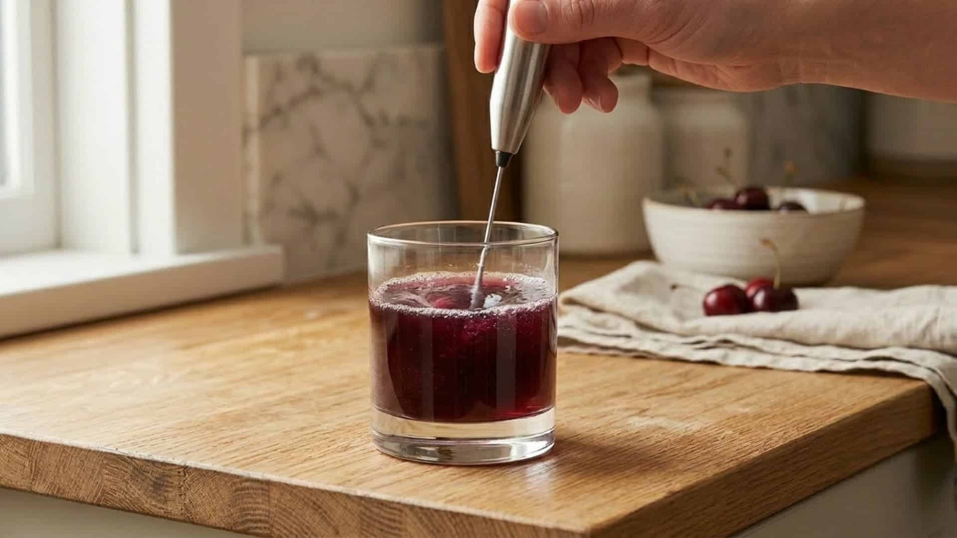 Hand mixing a dark red drink inside a glass with an electric frother.