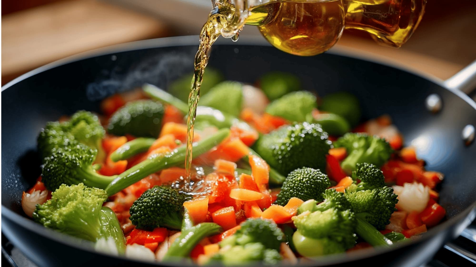 Oil being poured into a wok with stir-frying vegetables