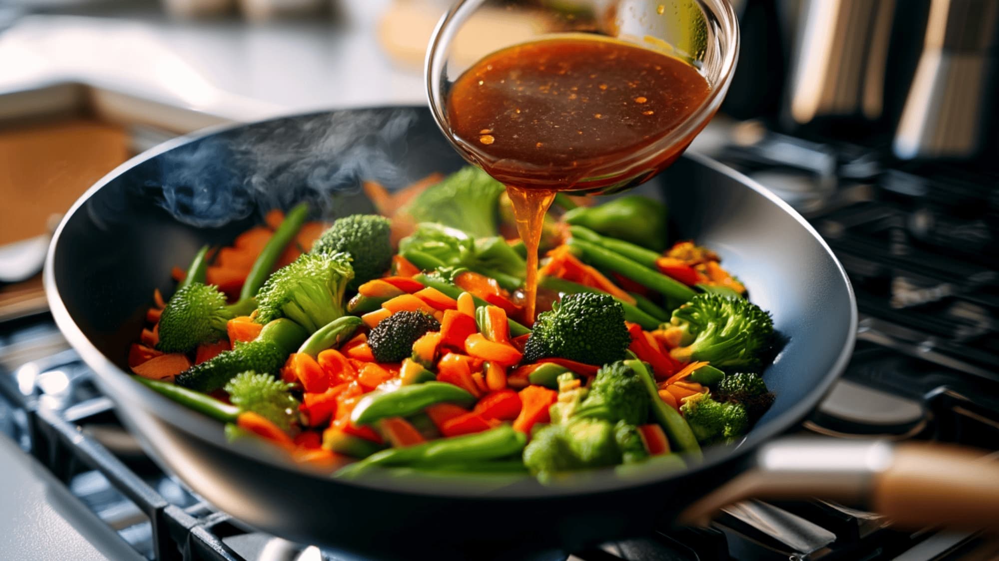 Stir-fry vegetables coated in glossy sauce inside a wok
