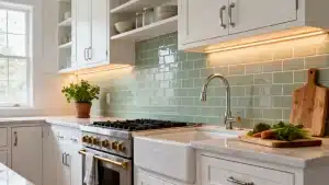 Modern kitchen with farmhouse sink, green subway tile backsplash, and vegetables on marble countertop