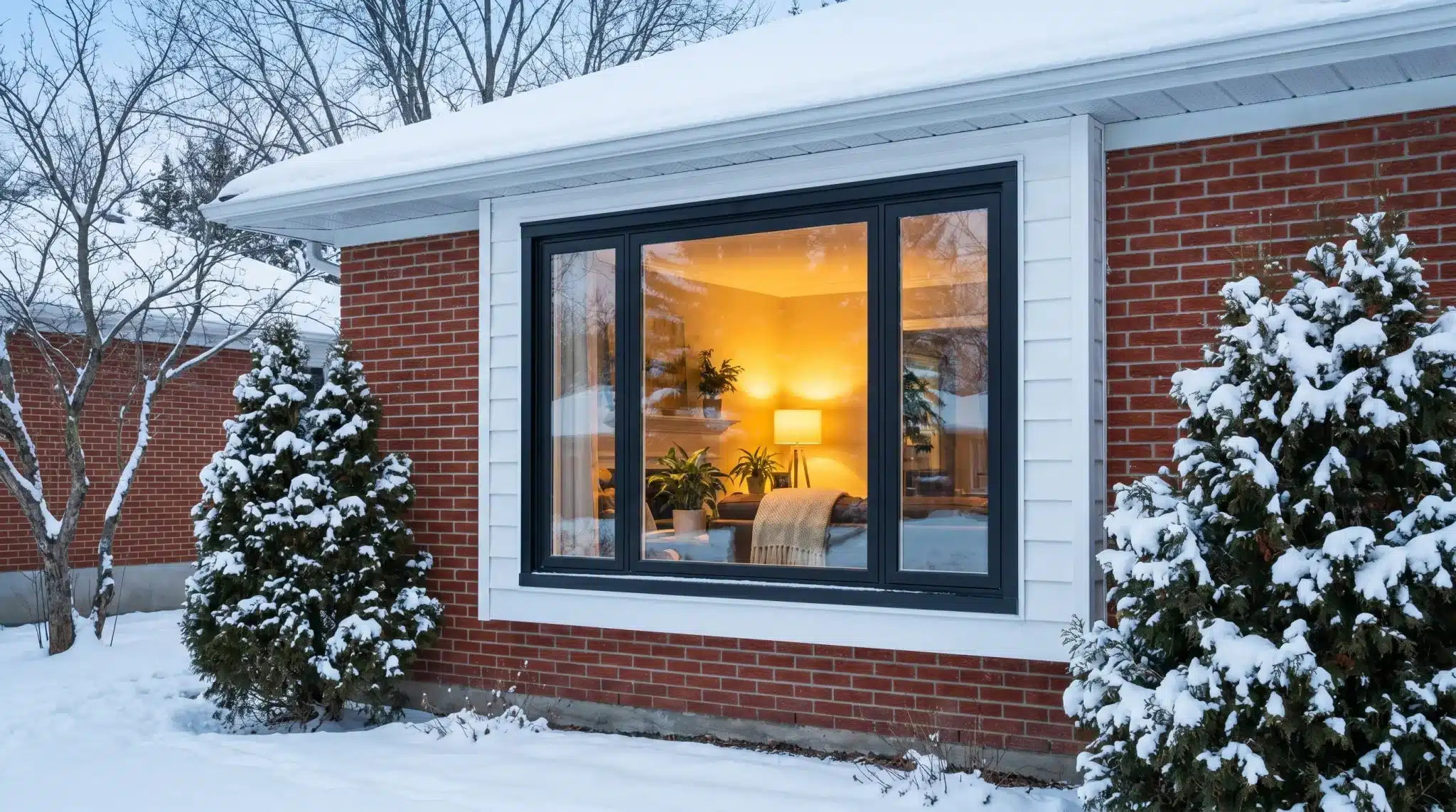 Worker installing door frame on red brick house with snow-covered ground