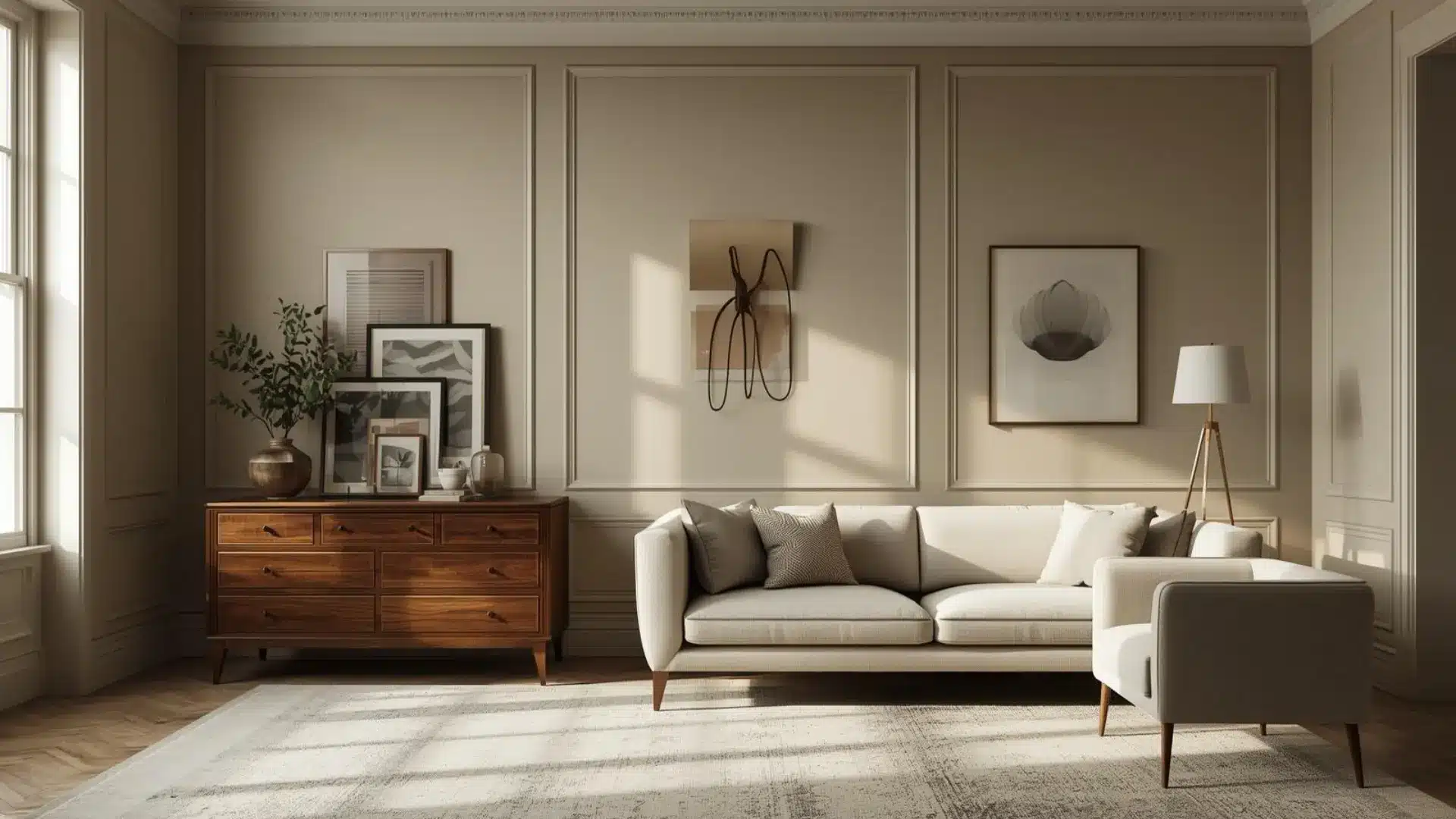 Modern Victorian room with antique wood dresser, sleek sofa, modern art, balanced styling, and warm natural lighting indoors.