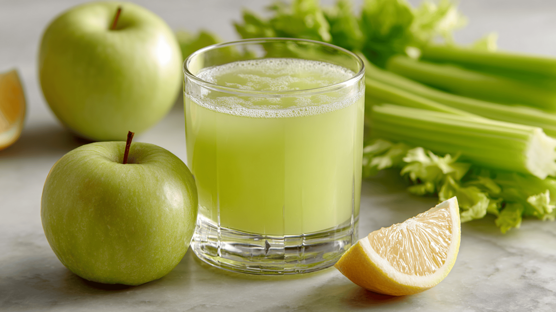 cold pressed apple celery detox juice with lemon in a clear glass fresh cold pressed apple and celery juice with peeled lemon