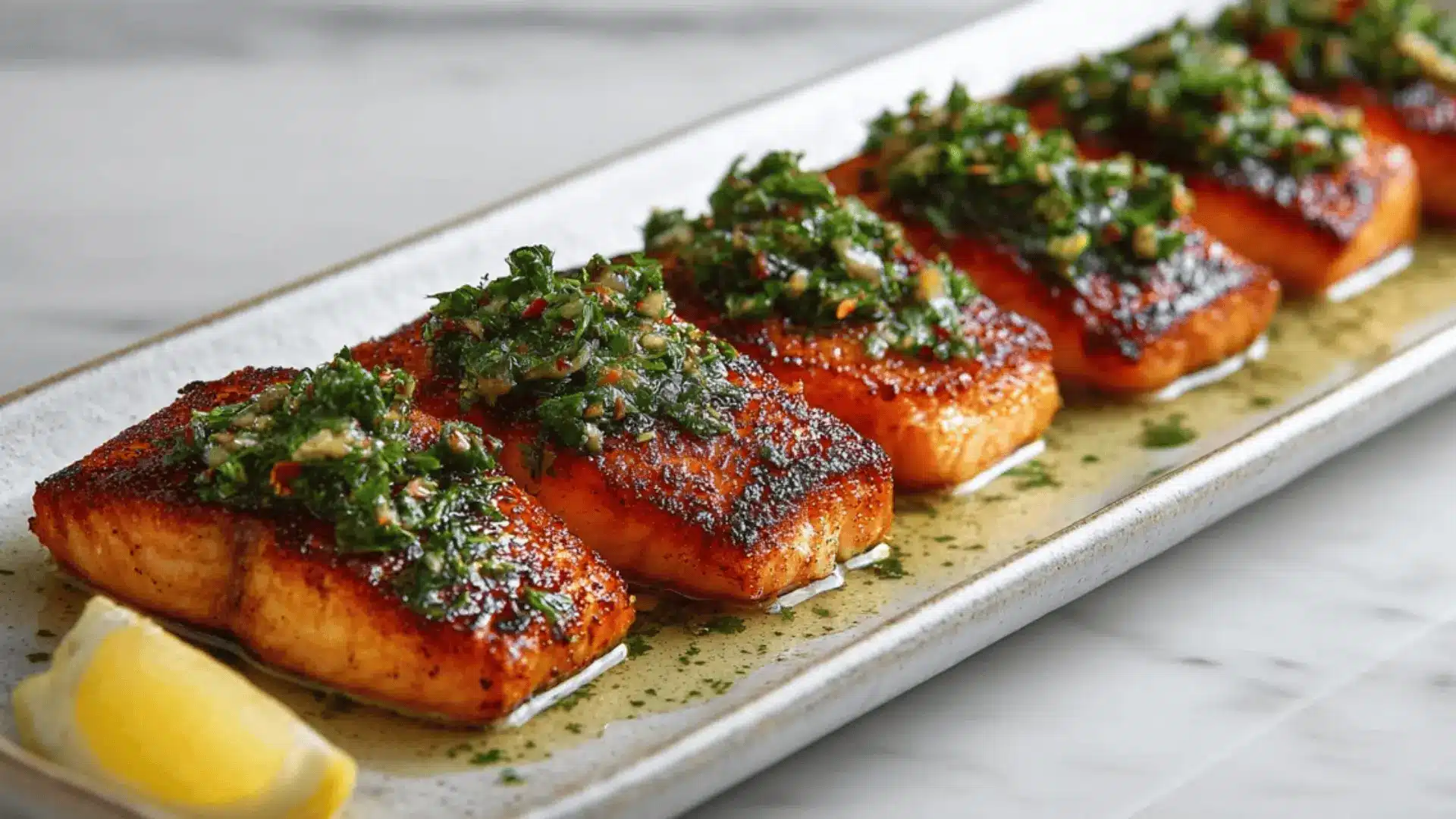 seared arctic char fillets with crispy skin and herb relish, served on a rectangular plate against a light marble background